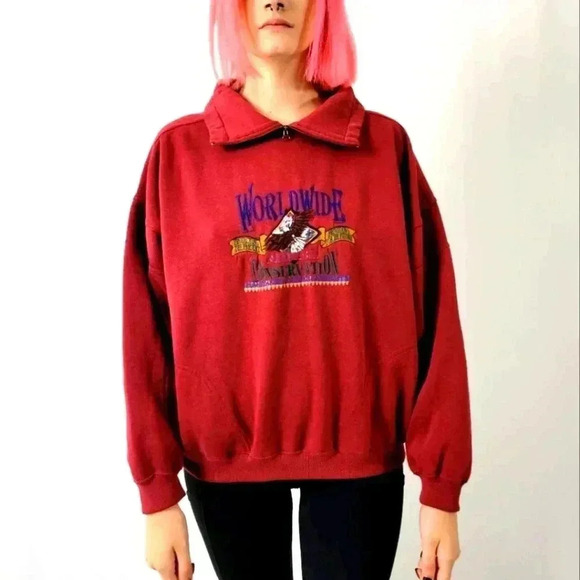 Vintage 90s Worldwide Consevation Fleece Pullover Sweatshirt - M - Picture 2 of 8